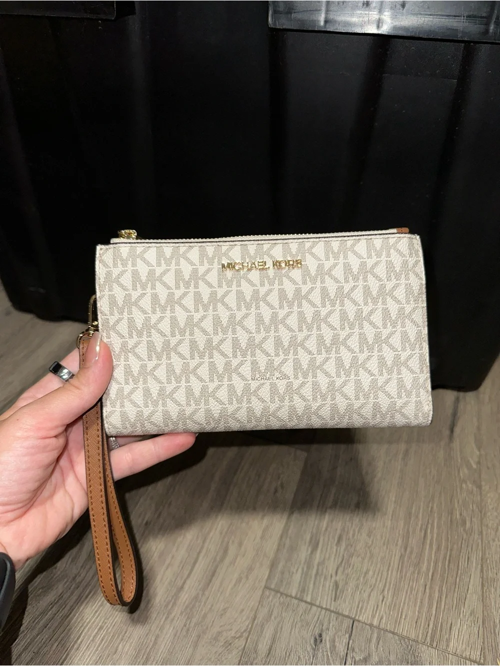 Michael Kors Beige MK Logo Wristlet with Tan Strap